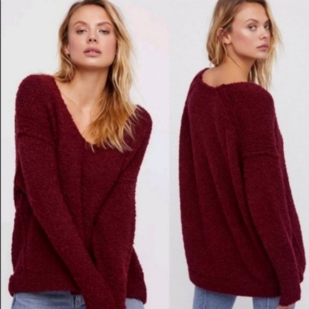 NWT Free People Relaxed Fit Soft Thick Burgandy / Wine V Neck Sweather S